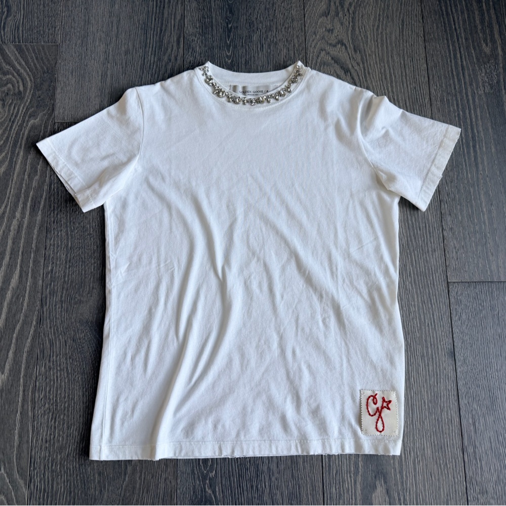 Golden Goose Distressed Short-Sleeve Embellished T-Shirt in White Size XS - Picture 4 of 11